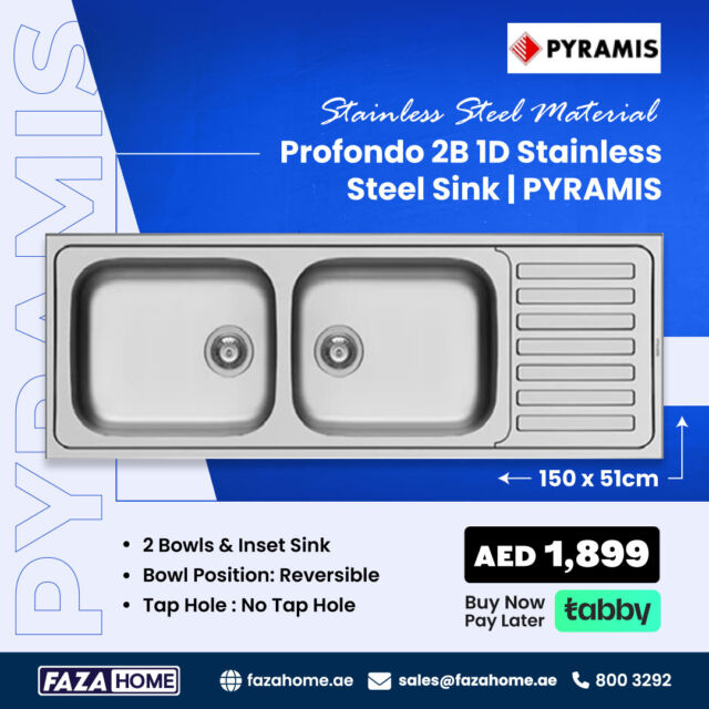 🔹Upgrade Your Kitchen with PYRAMIS!🔹

Profondo 2B 1D Stainless Steel Sink – Durable, stylish, and functional! 💎✨
✔ 2 Bowls & Inset Sink
✔ Reversible Bowl Position
✔ No Tap Hole Design
📏 Size: 150 x 51 cm

💰 AED 1,899 – Buy Now, Pay Later with Tabby!
📍 FAZA HOME | 🌐 fazahome.ae | 📧 sales@fazahome.ae | 📞 800 3292

#FazaHome #Pyramis #KitchenSink #StainlessSteel #HomeUpgrade #Tabby #kitchendecor